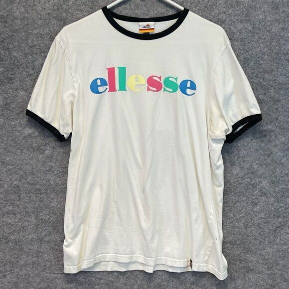 Vintage ELLESSE T-Shirt Men's Large White Big Logo Trashed Moa Ringer Graphic - Picture 2 of 16